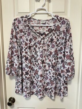 h.i.p. White Floral Henley Tunic with Pink and Purple Flowers